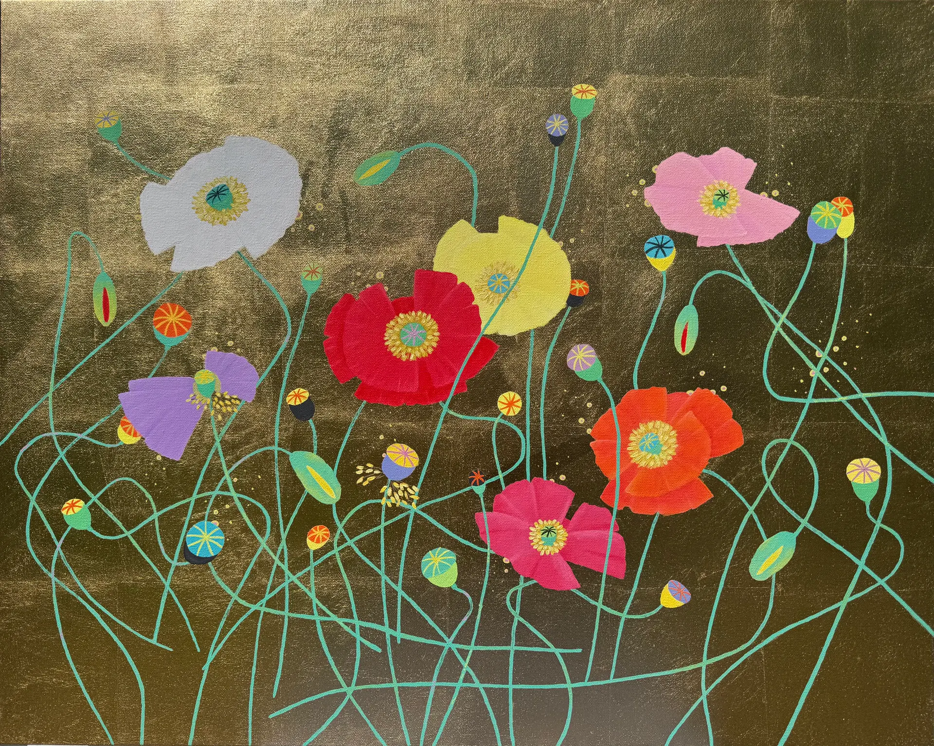 Colorful poppies on thin turquoise stems against a textured gold background.