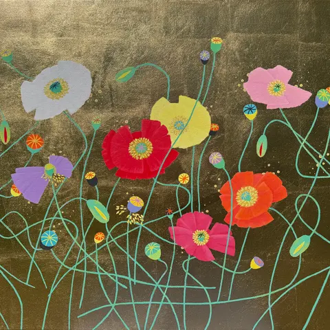 Colorful poppies on thin turquoise stems against a textured gold background.