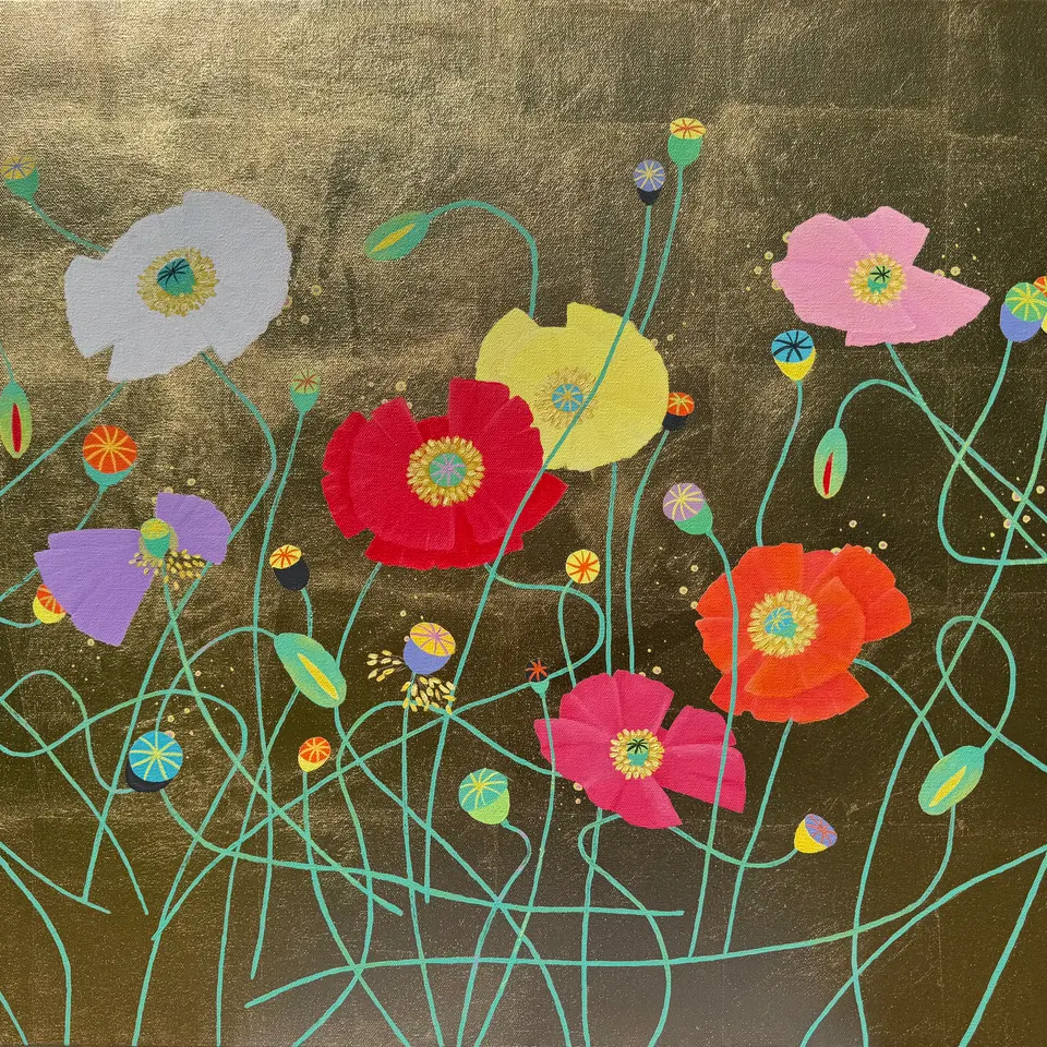 Colorful poppies on thin turquoise stems against a textured gold background.