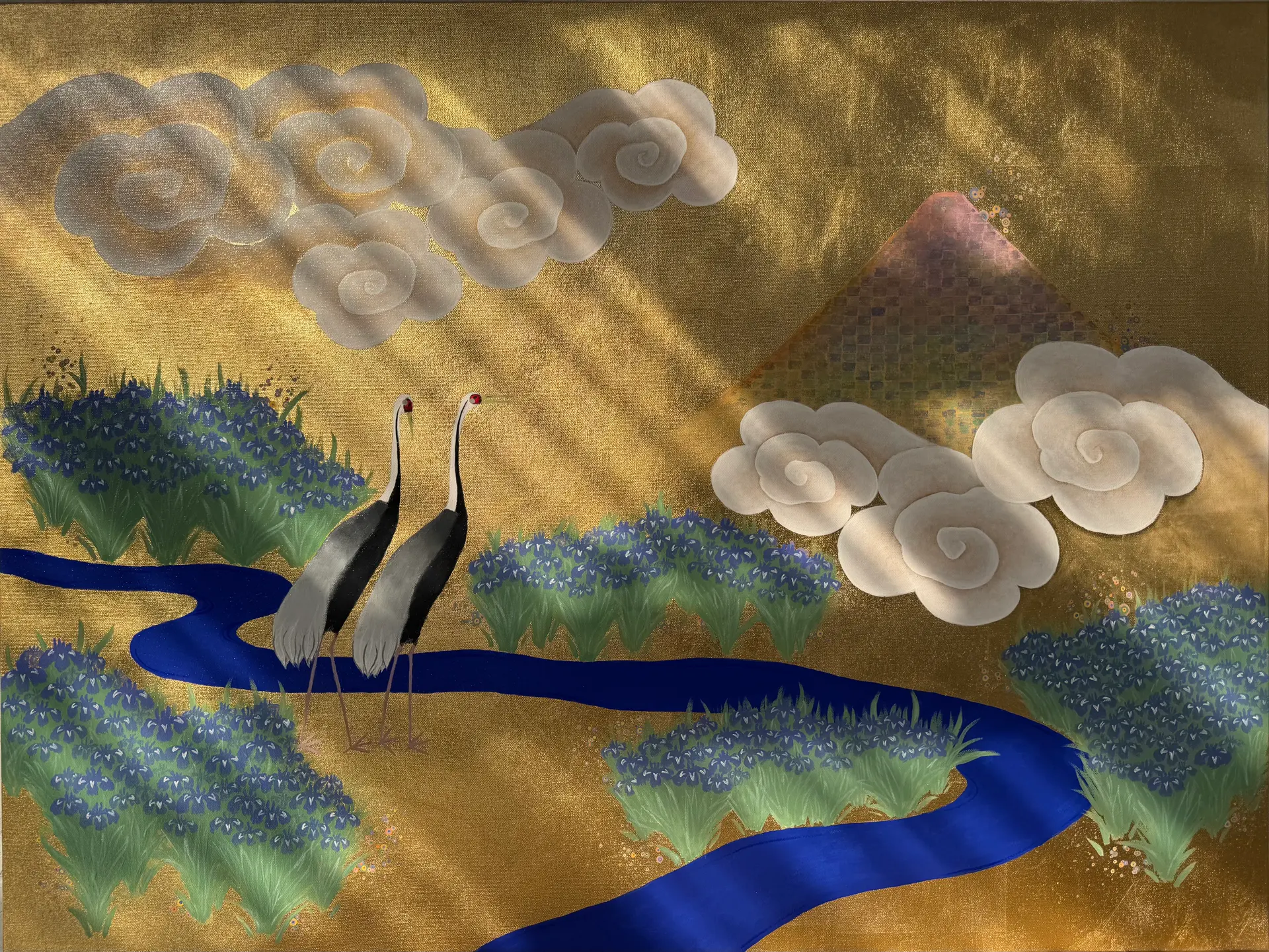 A gold landscape with winding blue water, birds, cloud forms, and distant hills.