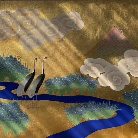 A gold landscape with winding blue water, birds, cloud forms, and distant hills.