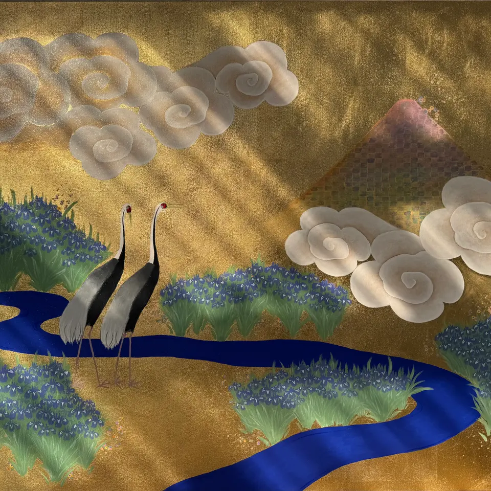 A gold landscape with winding blue water, birds, cloud forms, and distant hills.
