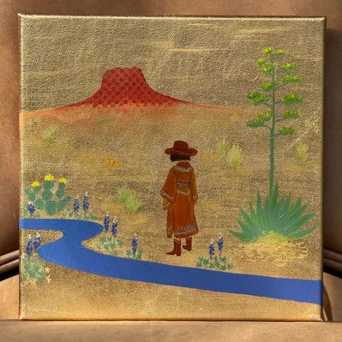 A red mesa and blue river in a colorful West Texas desert landscape.
