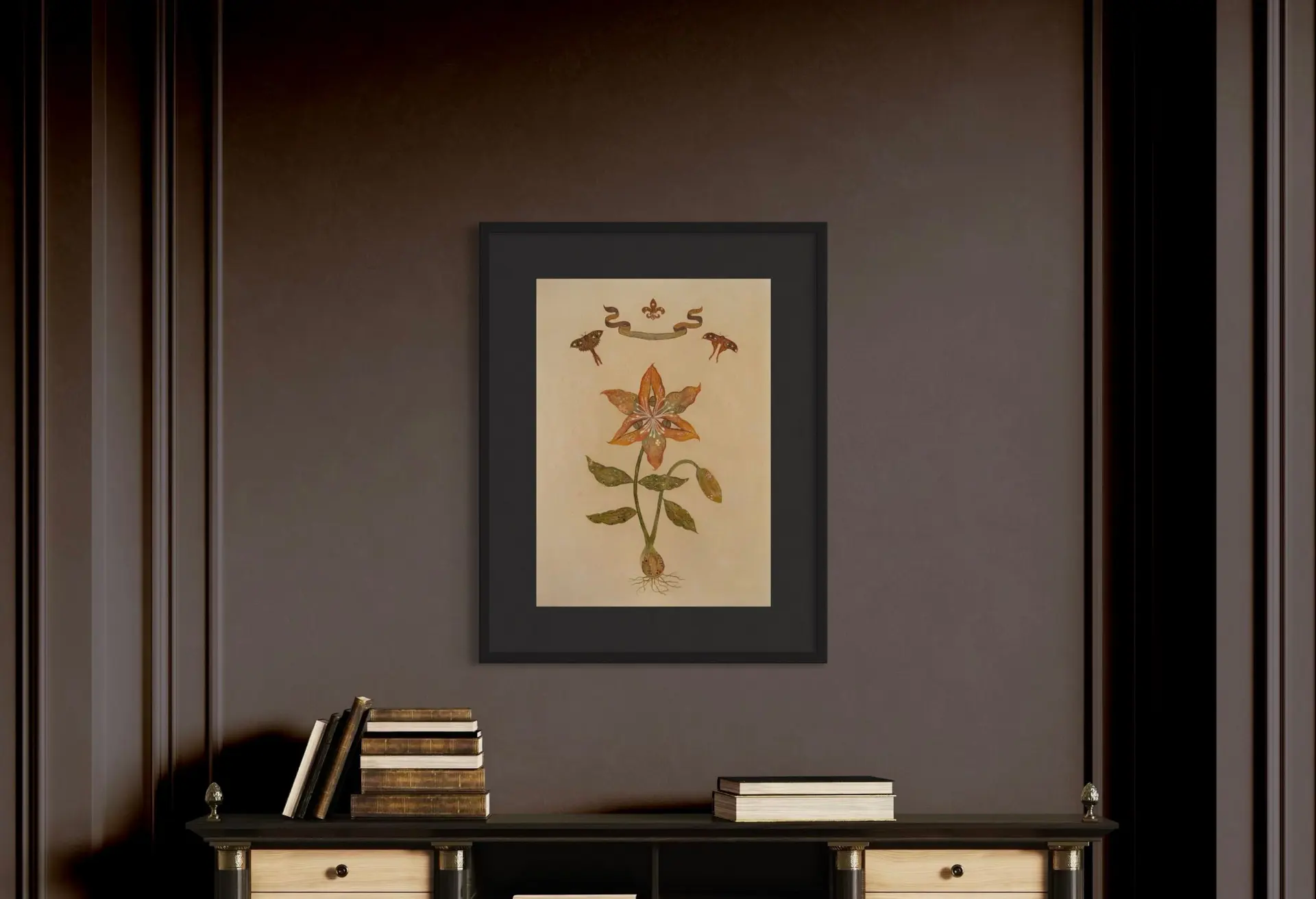 A framed botanical painting of an orange flower with small birds above.
