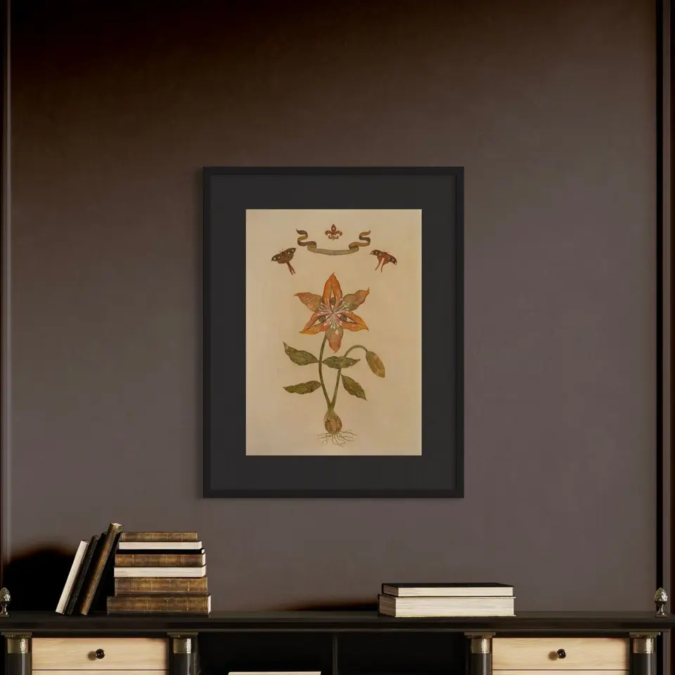 A framed botanical painting of an orange flower with small birds above.