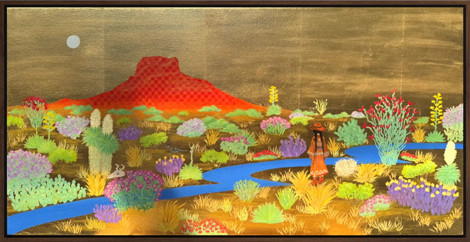 A cowgirl stands in the middle of a West Texas landscape; a roadrunner runs past, the moon rises over a peak.