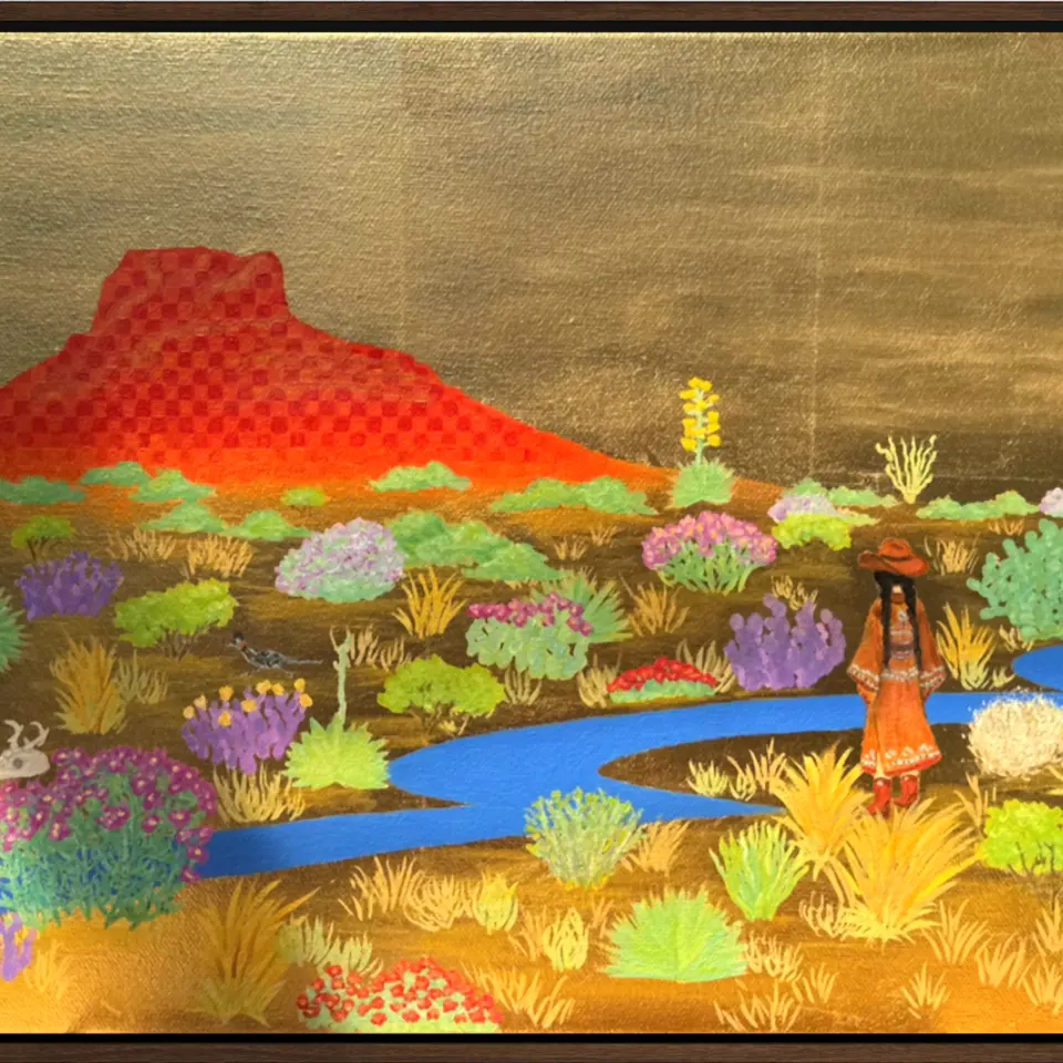 A cowgirl stands in the middle of a West Texas landscape; a roadrunner runs past, the moon rises over a peak