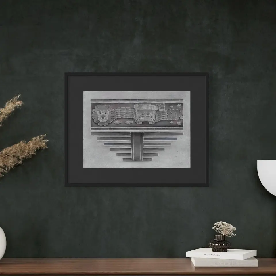 A framed grayscale drawing of carved faces above stepped architectural forms.