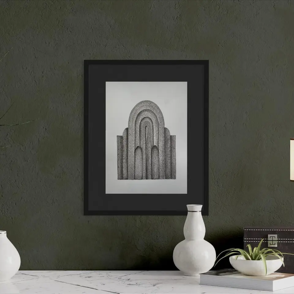 A framed grayscale drawing of a tall arched structure with repeated inner lines.