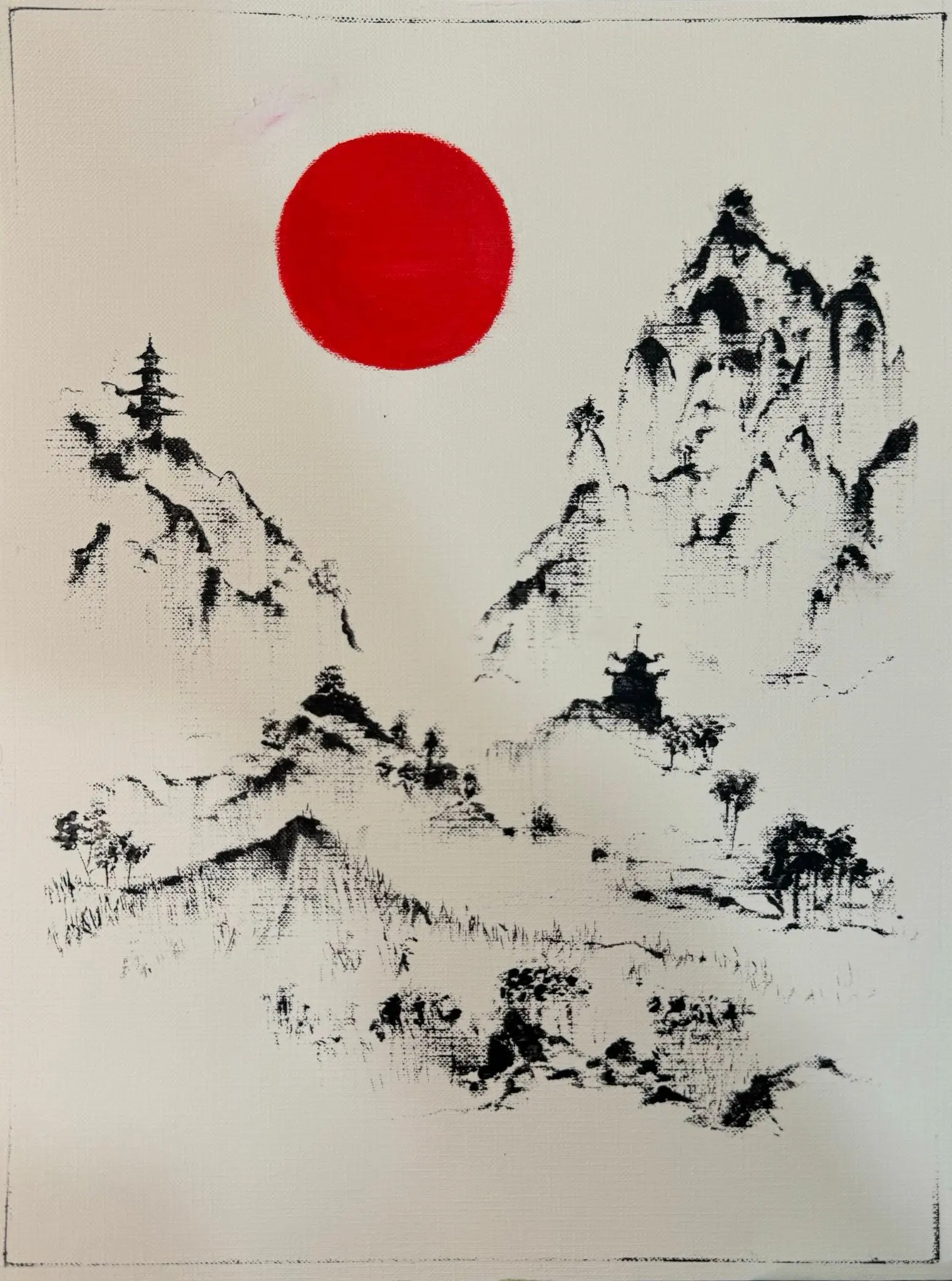 A red sun over black mountain peaks on a pale ground.