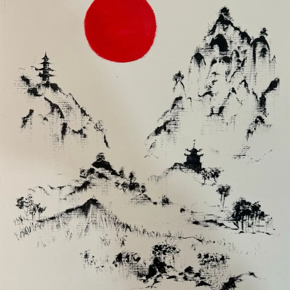 A red sun over black mountain peaks on a pale ground.